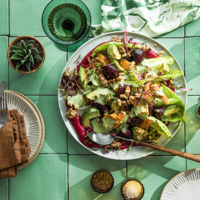 Roasted beet, butternut and walnut salad with green herb yoghurt dressing