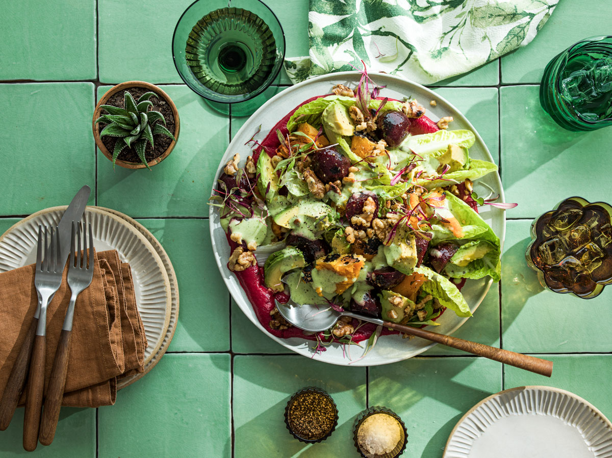 Roasted beet, butternut and walnut salad with green herb yoghurt dressing | Woolworths TASTE