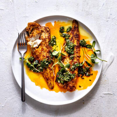 White fish fillets with chimichurri sauce