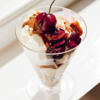 Cherry and chocolate peanut-butter sundae