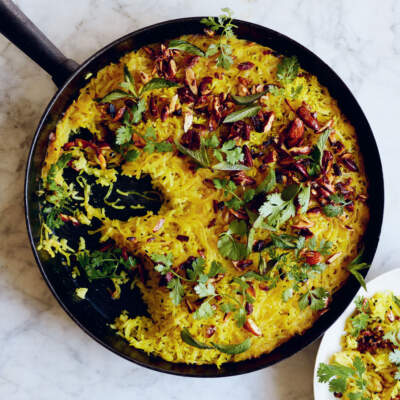 Double lemon pilaf with brown-butter almonds