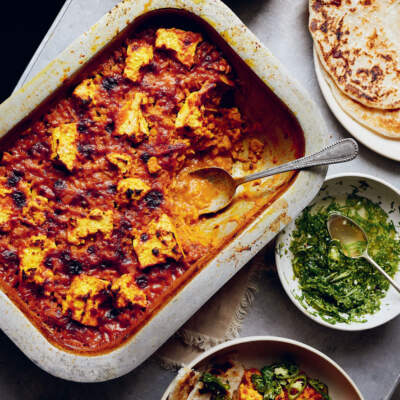 Traybake tomato and lemon dal with pickled green chillies