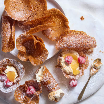 Brandy snaps with caramel-swirl cream