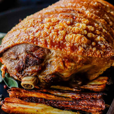 Golden roast leg of pork