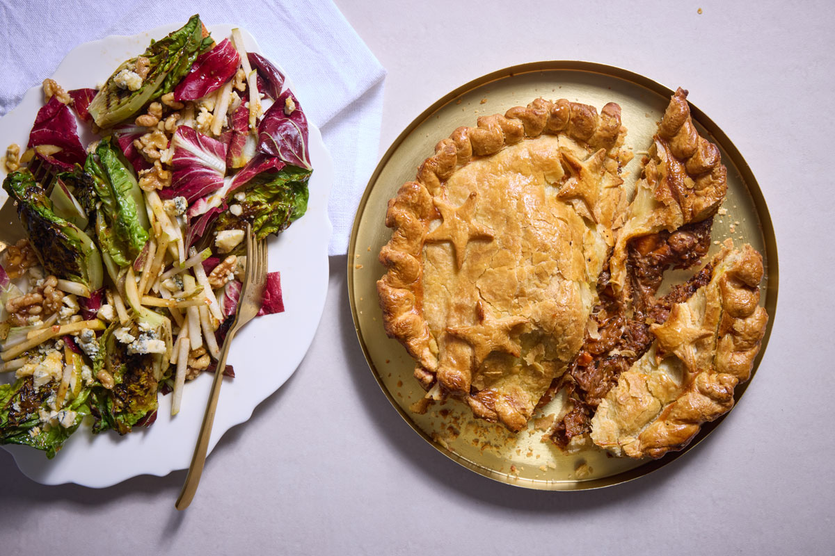 Lamb shank pie with pear-and-walnut salad | Woolworths TASTE