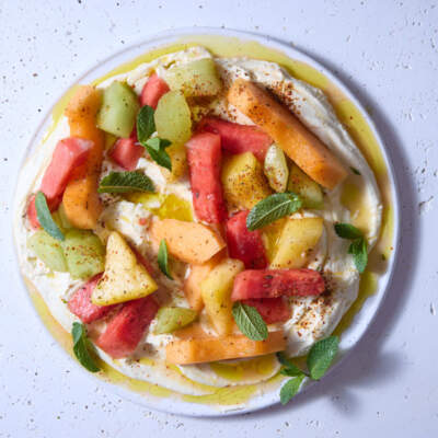 Marinated melon with whipped feta and honey