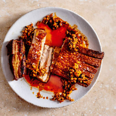 Pork belly with Rice Krispie chilli crisp