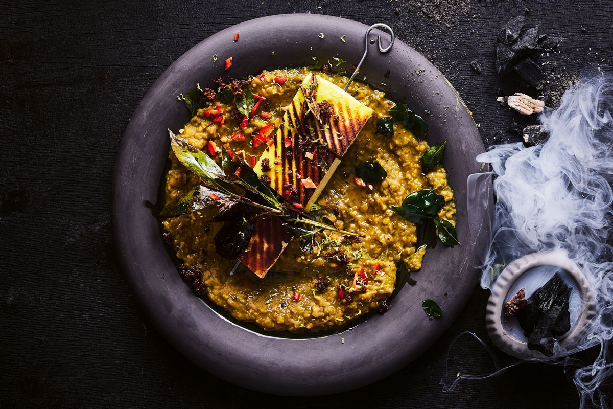 Smoked dhal with grilled paneer