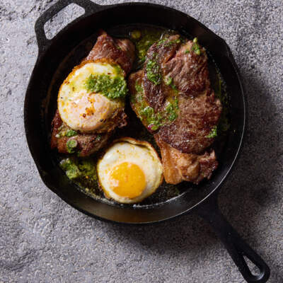 Smoky chimichurri steak with chilli crisp eggs