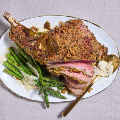 Roasted herb-crusted leg of lamb