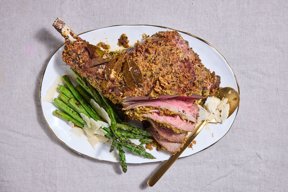 Roasted herb-crusted leg of lamb