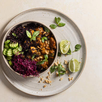 Sticky tofu-and-black rice bowl with quick-pickled cabbage