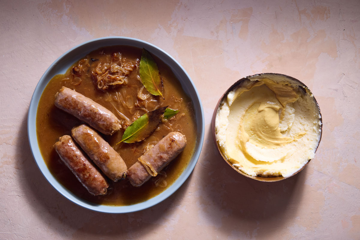 Abi’s sizzling bangers with Dijon mash