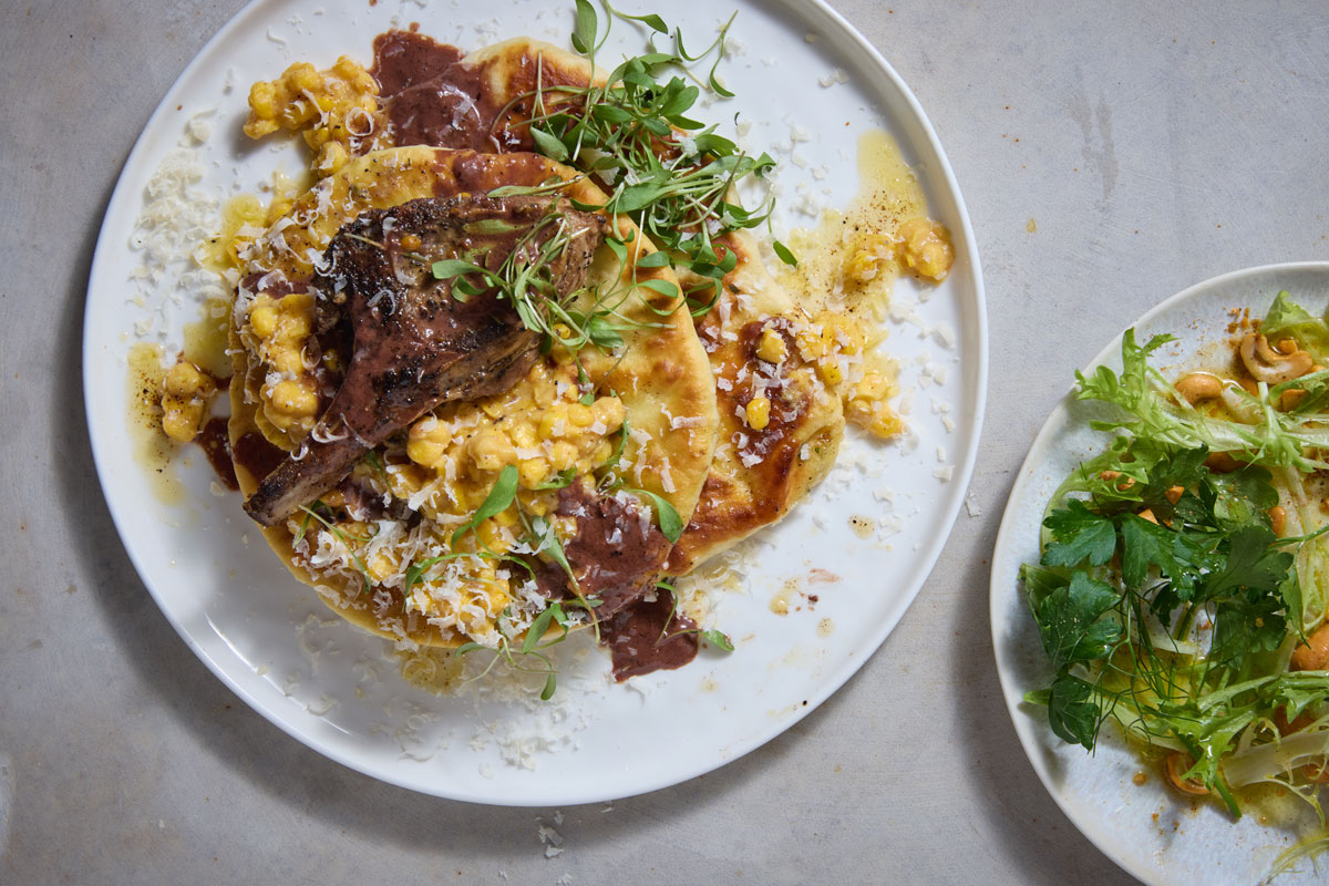 Coffee lamb chops with flapjack flatbreads