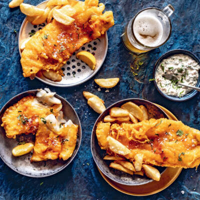 Curry-battered fish and chips with coriander ginger tartare sauce