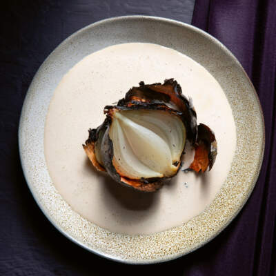 Roast onions with miso cream