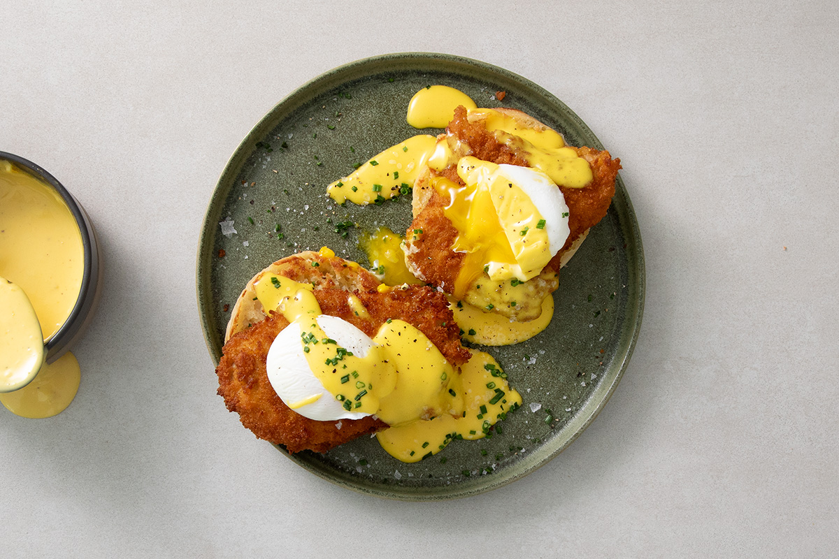 Pork schnitzel eggs Benedict | Woolworths TASTE