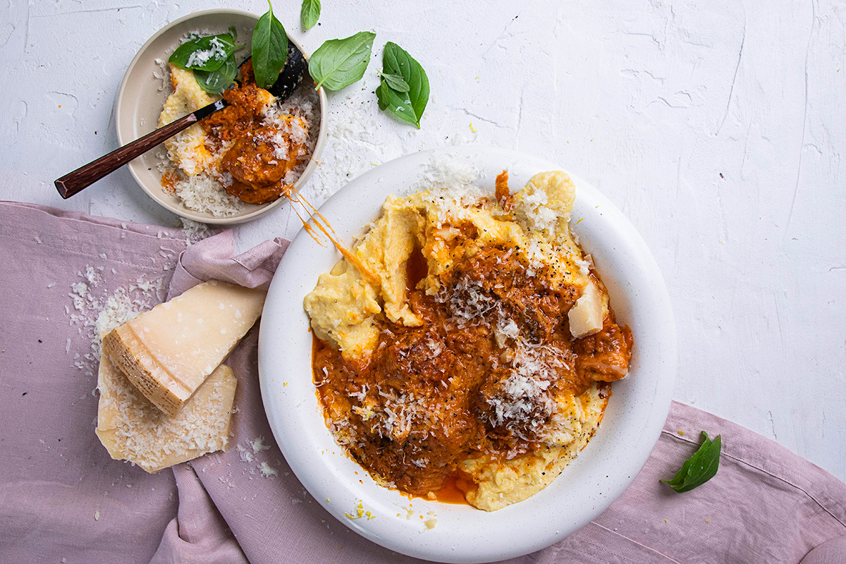 Parmesan chicken meatballs with polenta | Woolworths TASTE