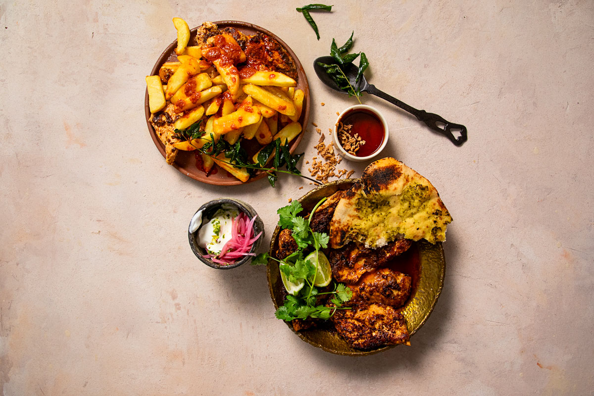 Tikka-spiced chicken with Kashmiri chilli oil chips