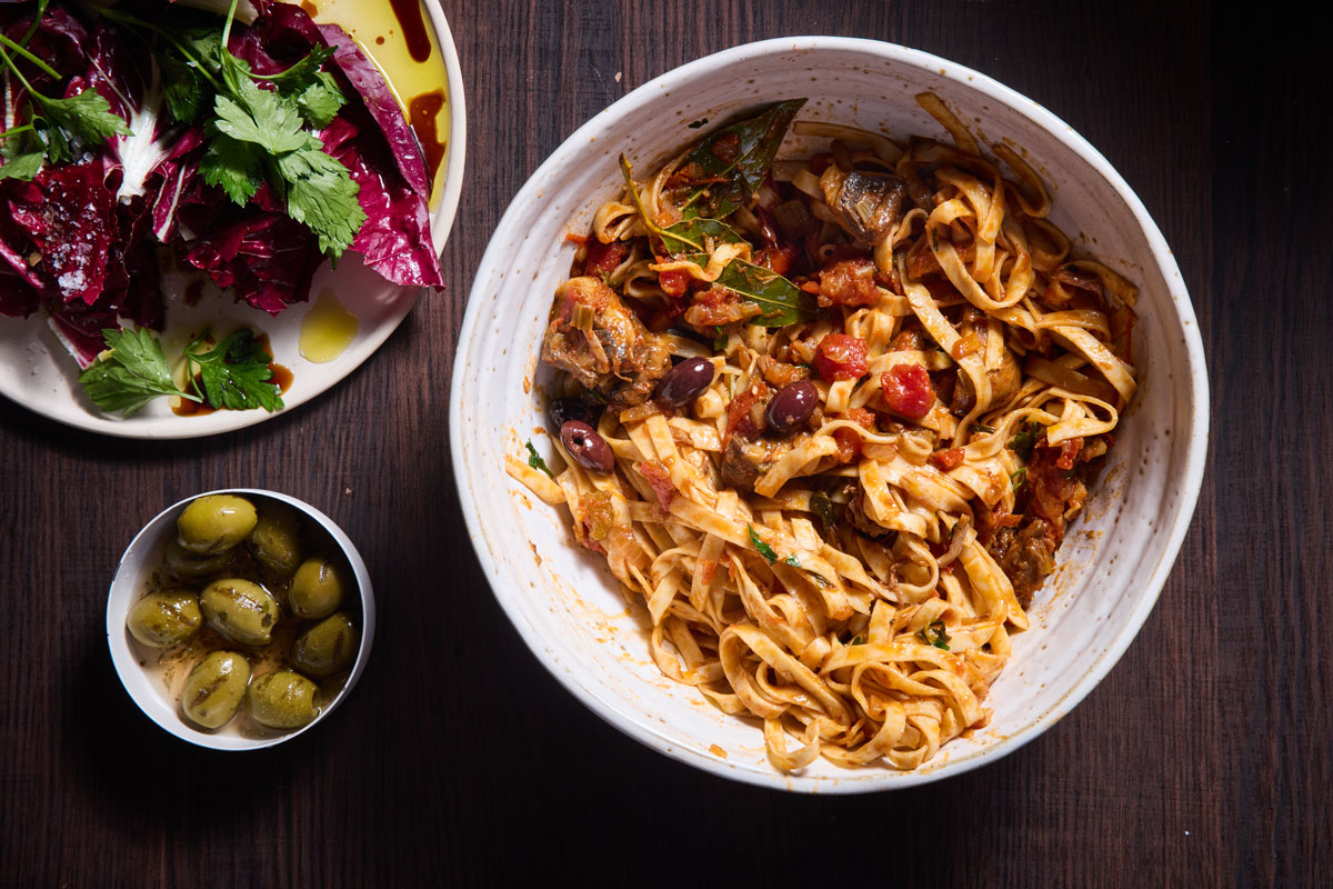 Mushroom ragu with Kalamata olives and fettuccine