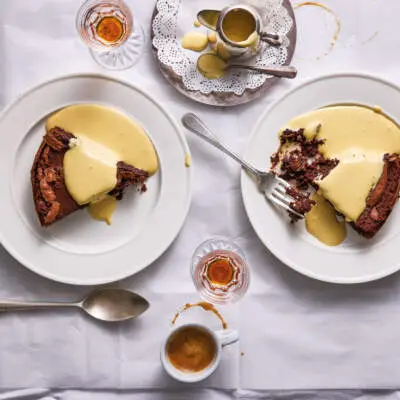 Chocolate tart with salted lemon sabayon