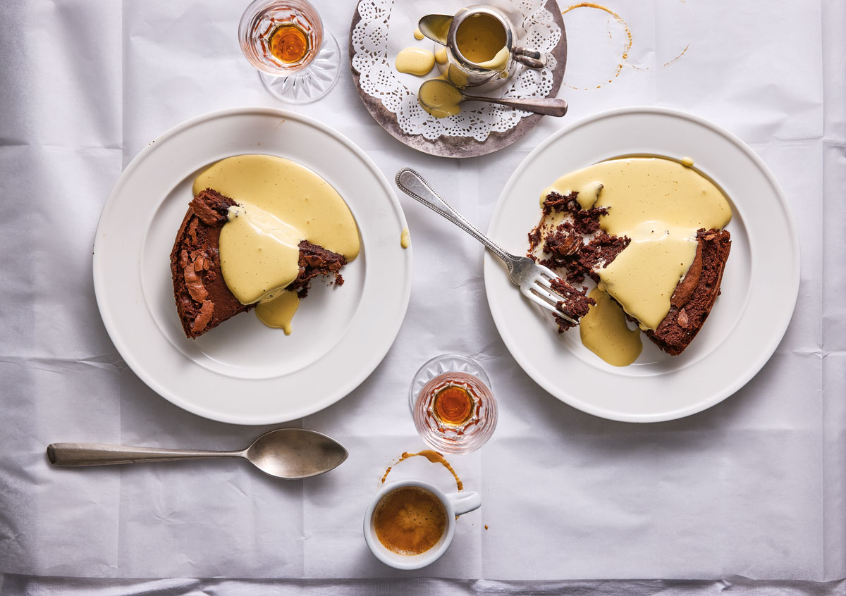 Chocolate tart with salted lemon sabayon