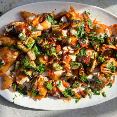 Smoky brinjal pasta with creamy tahini