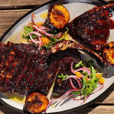Cherry-and-ginger bbq spareribs with grilled nectarine salad