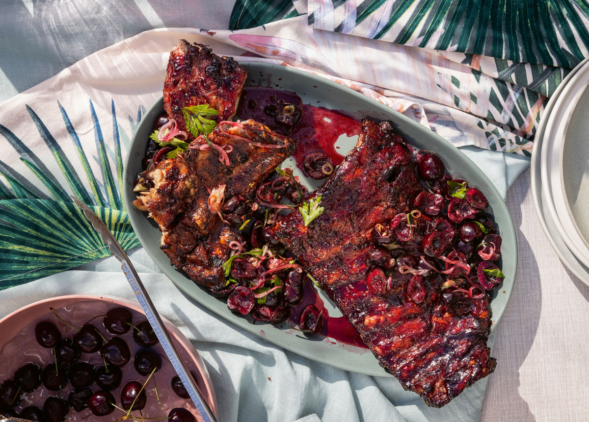 Cherry-and-ginger BBQ spareribs with cherry salad 