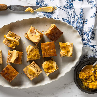 Honey lekach with burnt honey butter and apple jam