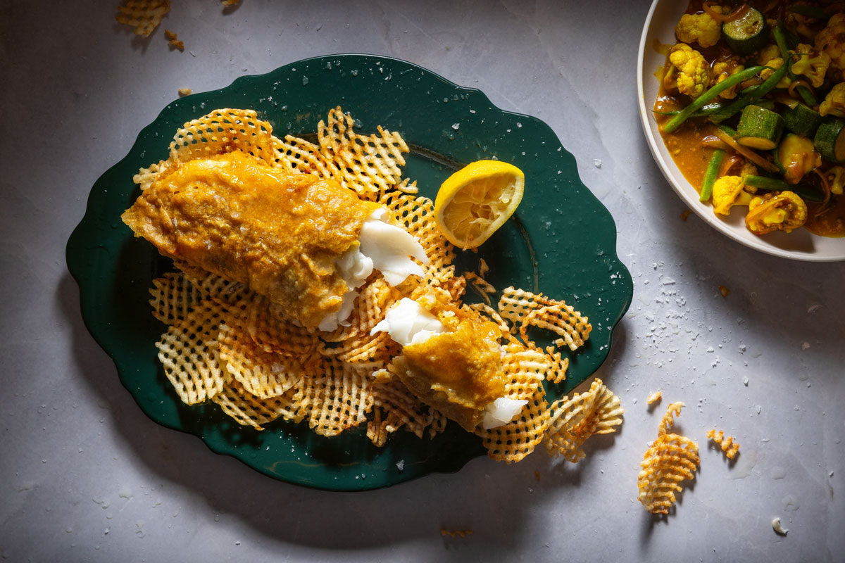 Masala-battered hake with waffle chips and piccalilli  88