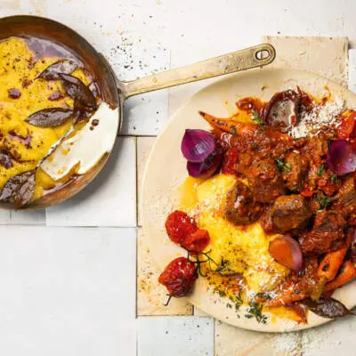 Ostrich potjie with creamy polenta and brown bay leaf butter