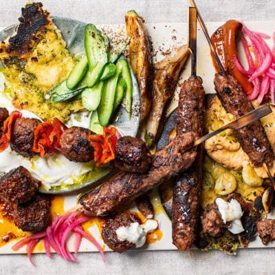 Plant-based kofta and kebab platter with garlic naan