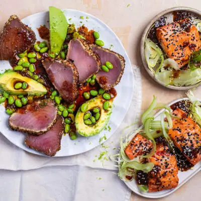 Seared tuna and trout with soy-ginger glaze