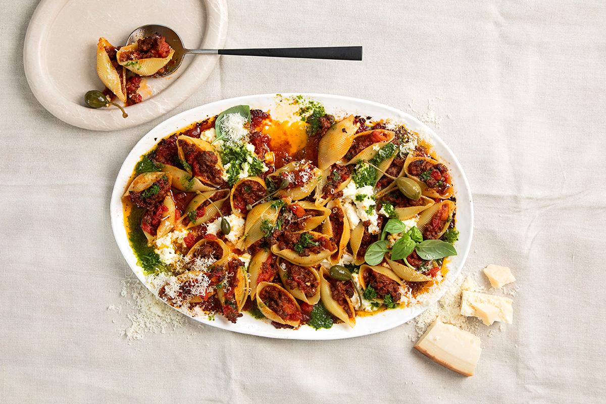Venison sausage-stuffed conchiglioni