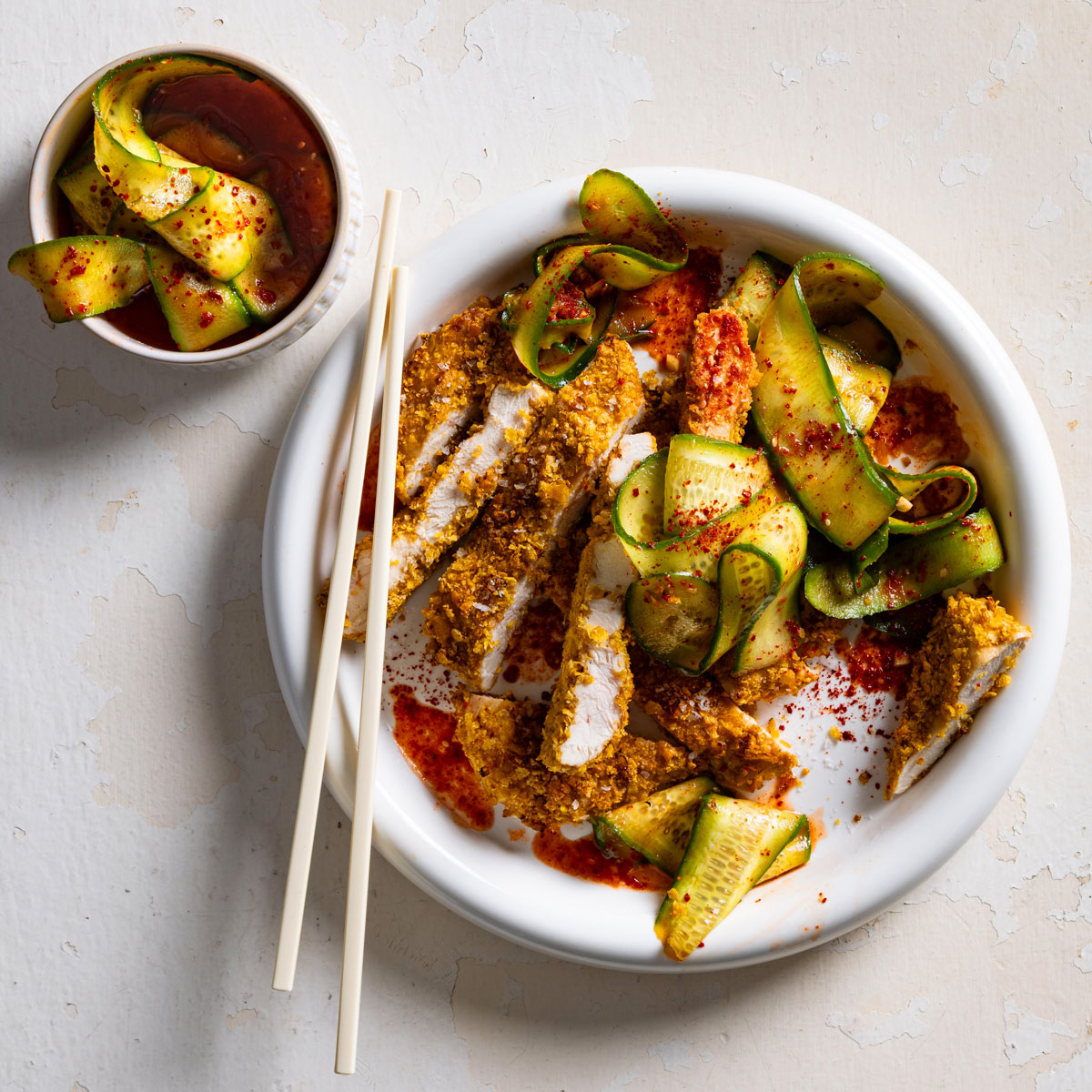 Chicken katsu with cucumber kimchi