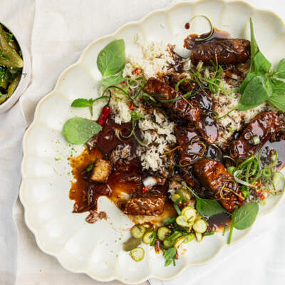 Sticky ginger tempeh with coconut jasmine rice