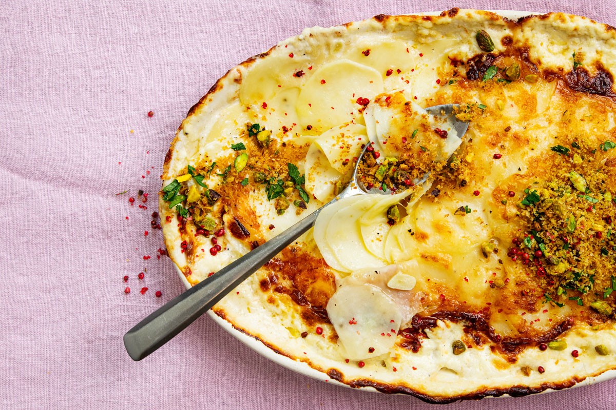 Potato-and-gruyère gratin with pistachio crumb