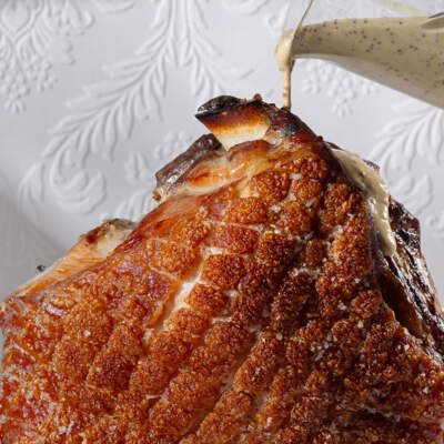 Roast pork with cider mustard sauce