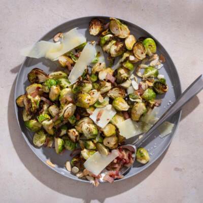 Roasted Brussels sprouts with pancetta, lime and chilli flakes