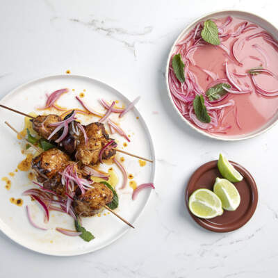 Air-fried harissa chicken skewers