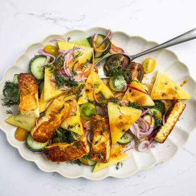 Yellow watermelon-and-grilled halloumi salad
