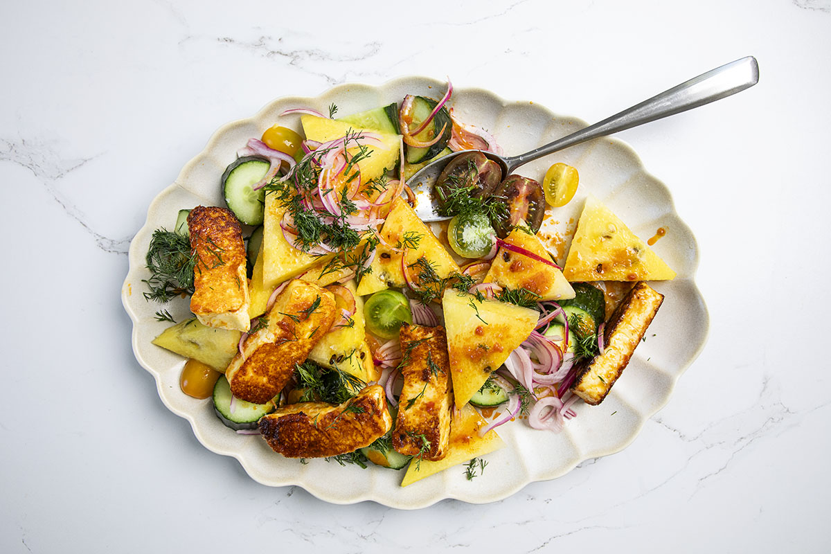 yellow watermelon and halloumi salad