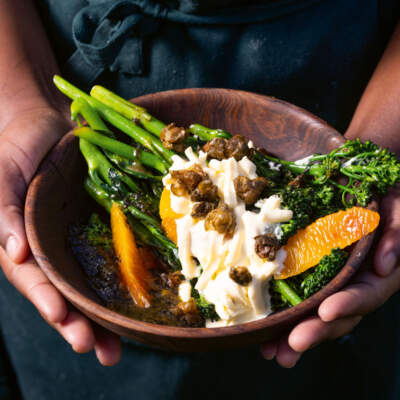 Charred sprouting broccoli with burrata