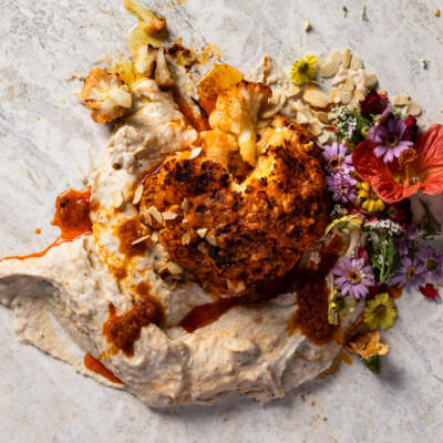 Harissa-roasted cauliflower with white bean purée