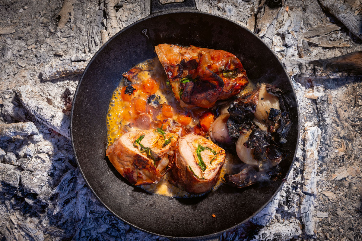 Serrano-wrapped stuffed pork fillet