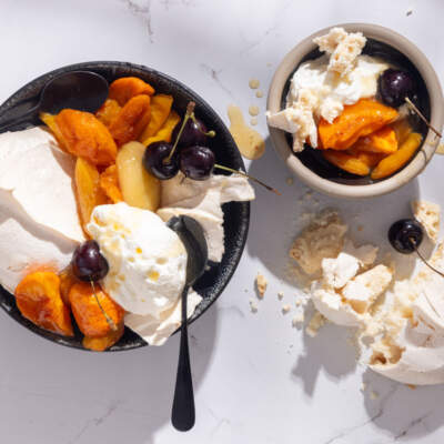 Vanilla-stewed stone fruit Eton mess