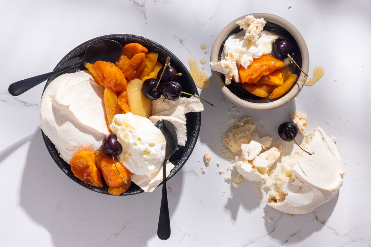 Vanilla-stewed stone fruit Eton mess