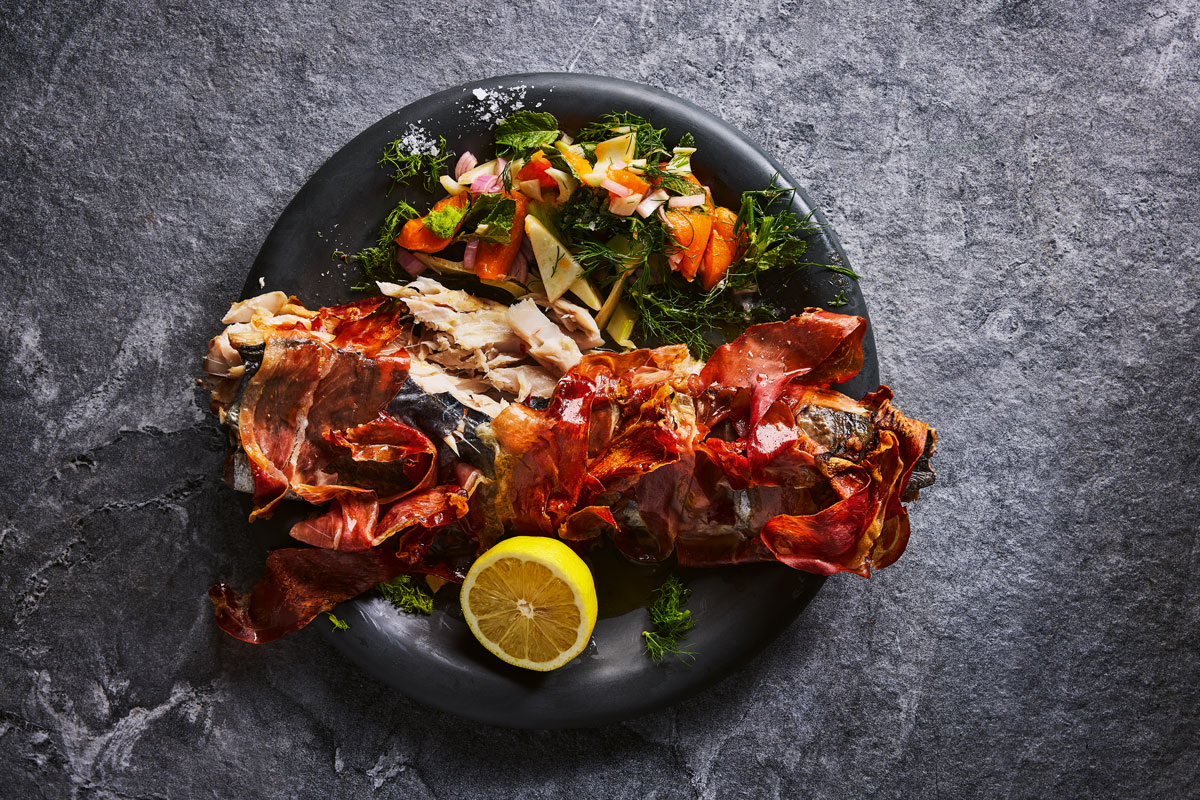 SERRANO-WRAPPED SNOEK WITH APRICOT SALSA