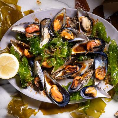 Seaweed-steamed mussels with wakame-and-miso dressing